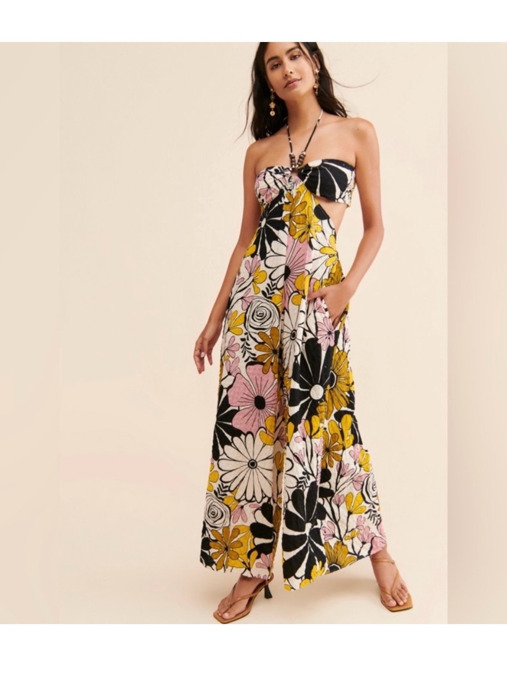 Parrot Paints x Anthropologie Strappy Floral Jumpsuit in Black, Mustard & Pink